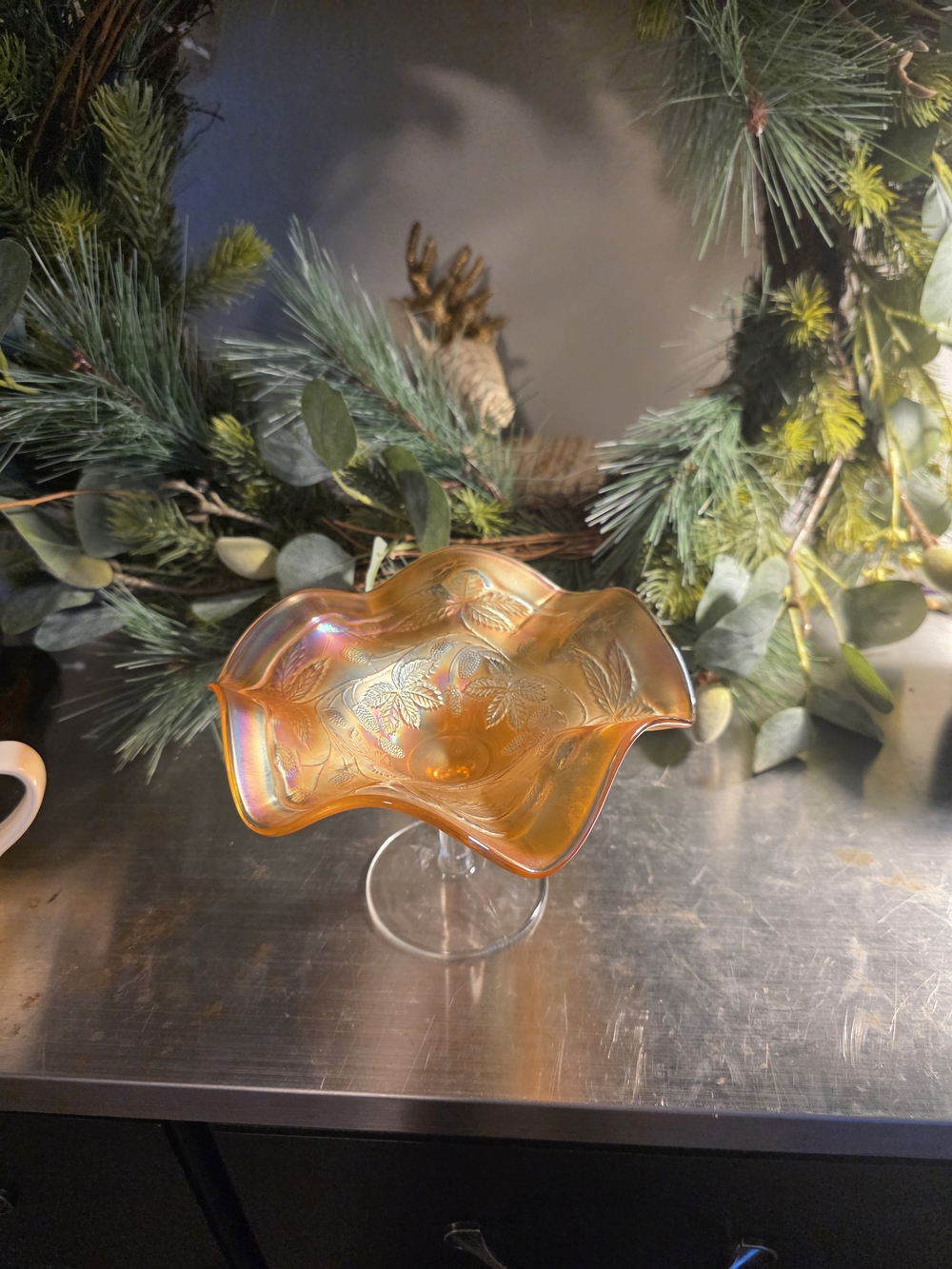 Fenton Orange Iridescent Ruffled Compote with Floral Pattern
